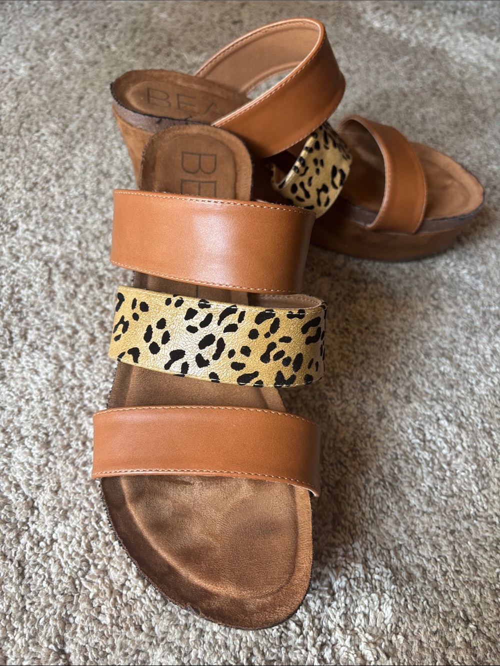 Tan and Leopard Print Women’s Triple-Strap Wedge Sandals